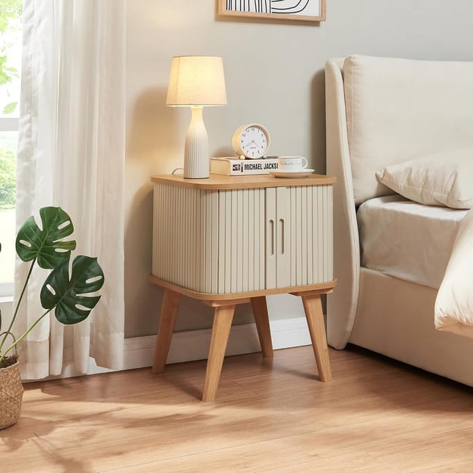 Ronde Bijzettafel met Opbergruimte Bamboe en Crèmewit Vierkant