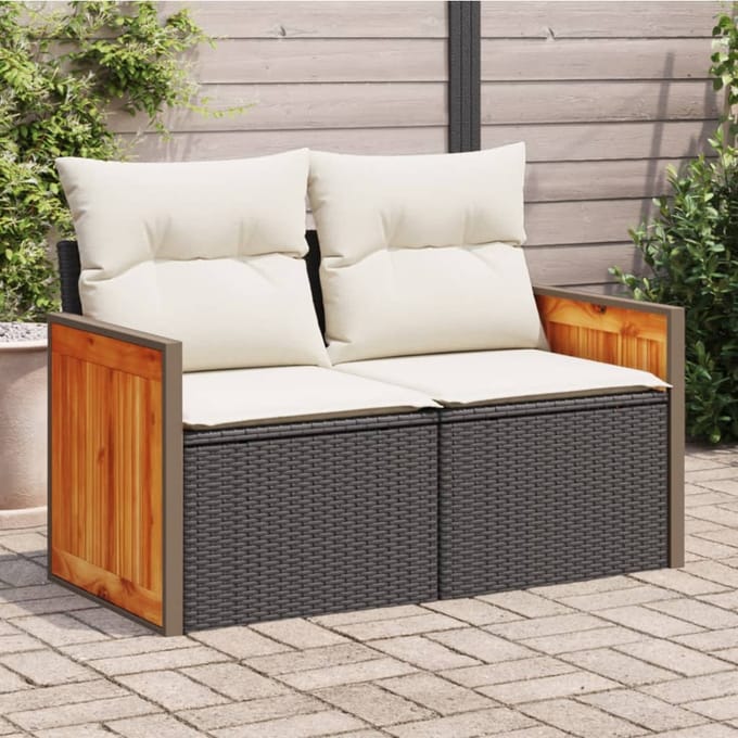 vidaXL - Tuinbank - 2-zits - met - kussens - poly - rattan - zwart