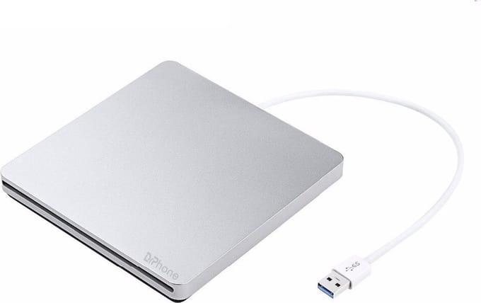 DrPhone ECD1 Externe CD/DVD Speler en Brander – USB 3.0 – Slot-in – Aluminium – Voor Laptop, PC en Mac – Zilver