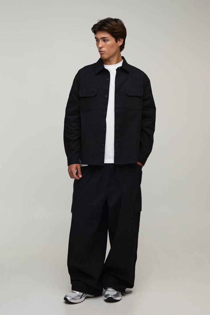 Oversized Shirt & Parachute Cargo Trouser Set | Black | Size Medium