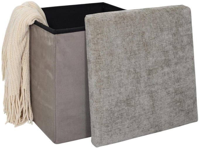 Home deco Poef/hocker Emilia - taupe - opvouwbaar - 38 x 38 cm - polyester/mdf - opbergbox