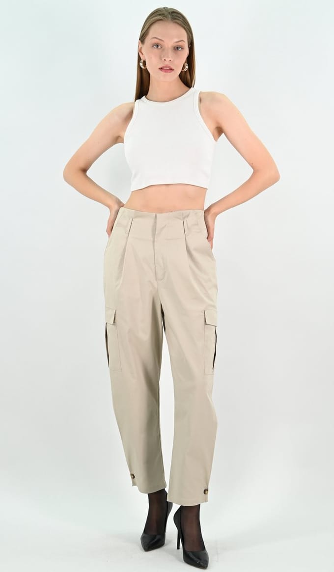 YesMooi - Cargobroek met Paperbagtaille - %100 Katoen - Beige - S (36)