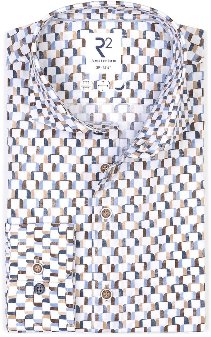 R2 Poplin Overhemd Print Multicolor - Maat 40 - Heren - Overhemden Formeel