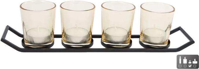 Theelicht- "Rik"- 4x- L- zwart/goud -metaal/glas