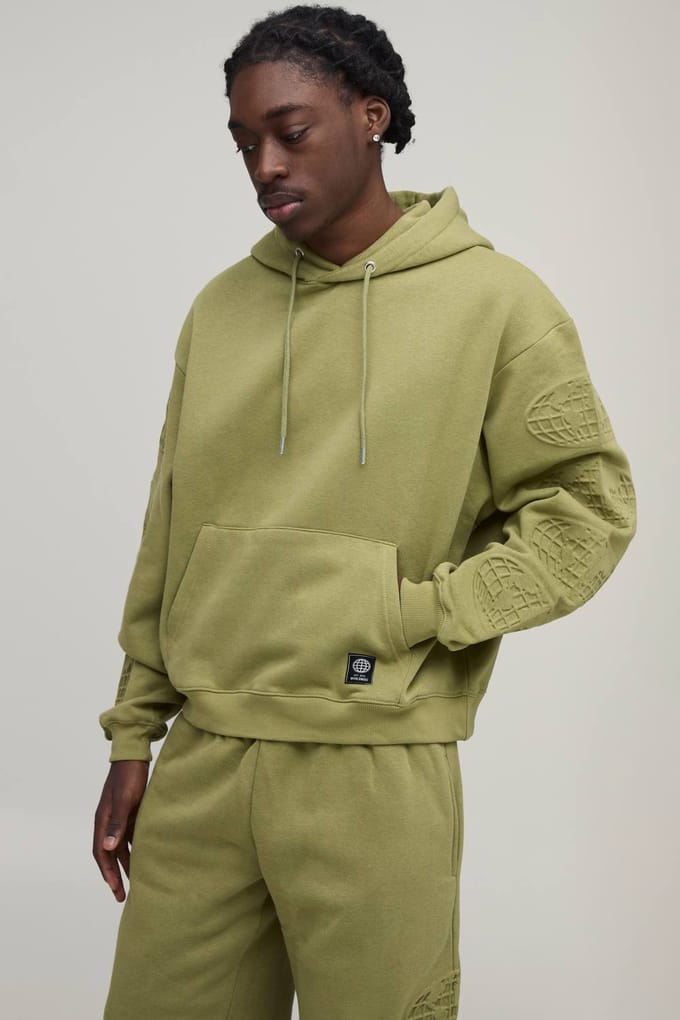 Oversized Boxy Trainingspak Met Wijde Pijpen En Wereldwijd Reliëfdetail | Khaki | Size Medium