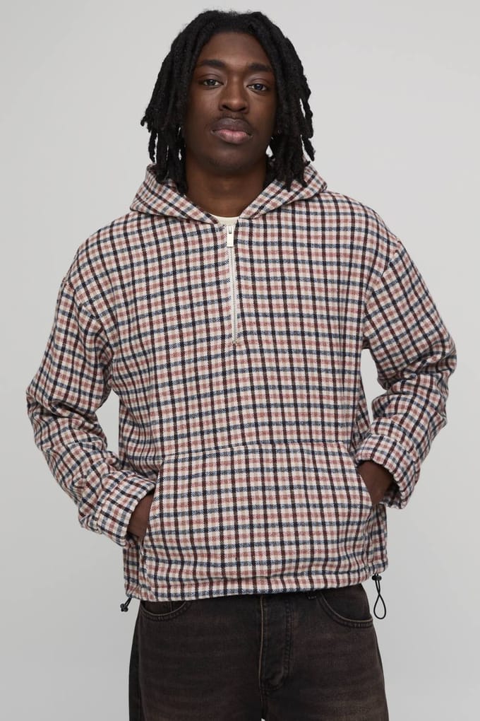 Oversized Check Quarter Over The Head Over Shirt | Ecru | Size Large