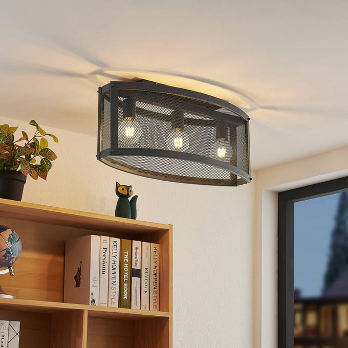 Lindby - plafondlamp - 3lichts - Staal - H: 28.3 cm - E27 - zwart
