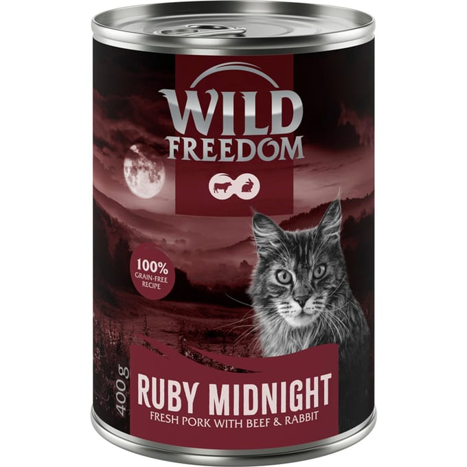 6x400g Wild Freedom Red Meat Ruby Midnight Varkensvlees, Rund Konijn natvoer voor katten