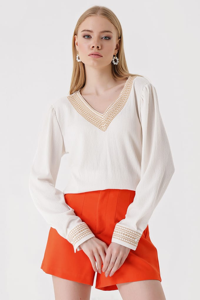 Geborduurde Textuur V-hals Blouse