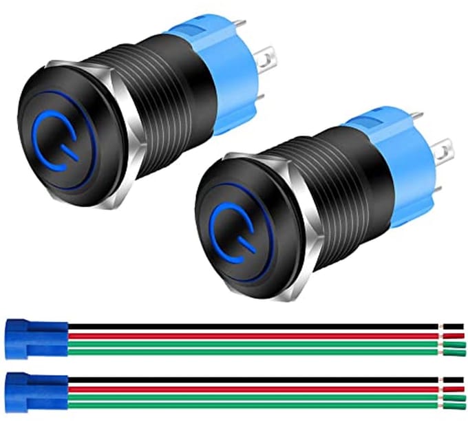 Vergrendelende Drukknop 12mm Met Blauwe LED - Watersdichte Tuimelschakelaar 12V-24V 3A