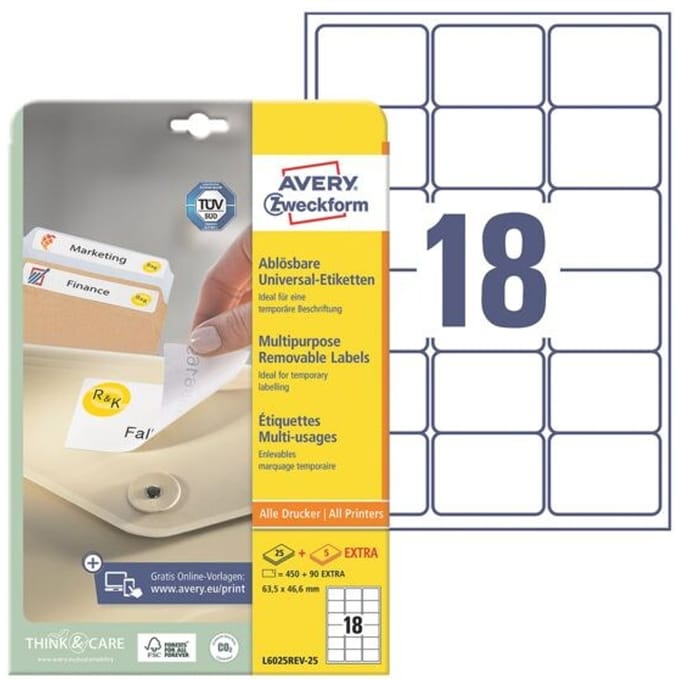 Huismerk Avery L6025REV-25 Afneembare Etiket 63,5x46,6