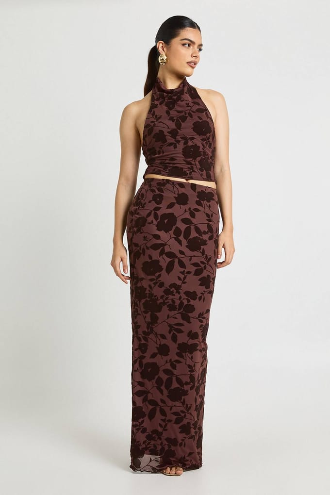 boohoo Dames Bloemen Devore Cowl Halterneck Top | Chocoladebruin | Maat: 34