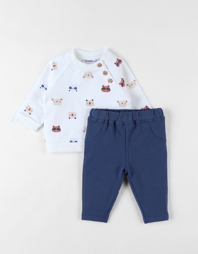 Noukie's - Jogging - Jongens Sweatshirt met dierenprint + denim broek - ecru/marineblauw - 2 jaar 92