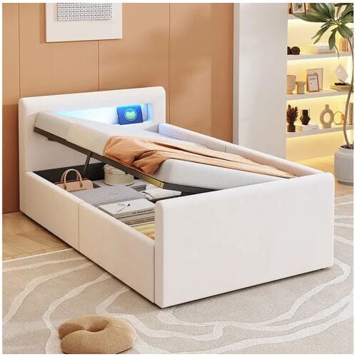 Merax Gestoffeerd kinderbed met opbergruimte - 90 x 200 cm - met LED's + USB - hoofdeinde met plank - fluweel + MDF - beige