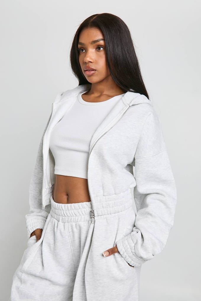 boohoo Dames Afgekorte hoodie met dubbele ritssluiting en ingetailleerde taille | Asgrijs | Maat: Medium