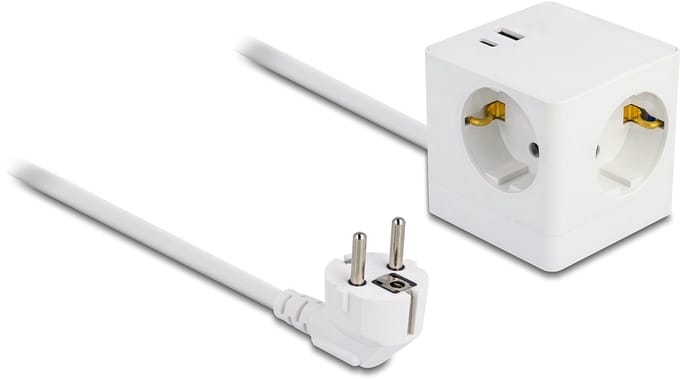 Delock Extension Socket Cube 3-way with childproof lock and USB PD 3.0 charger 20 W, 1.5 m cable, white