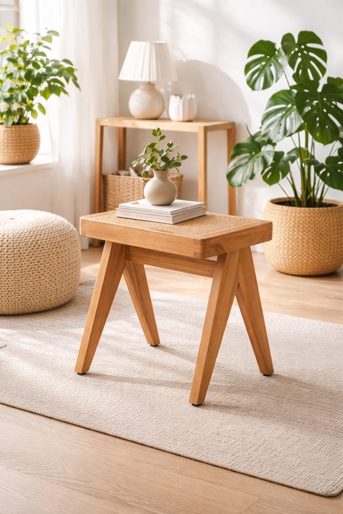 Kruk teak & webbing Verona - 45 x 35 x H 49 cm