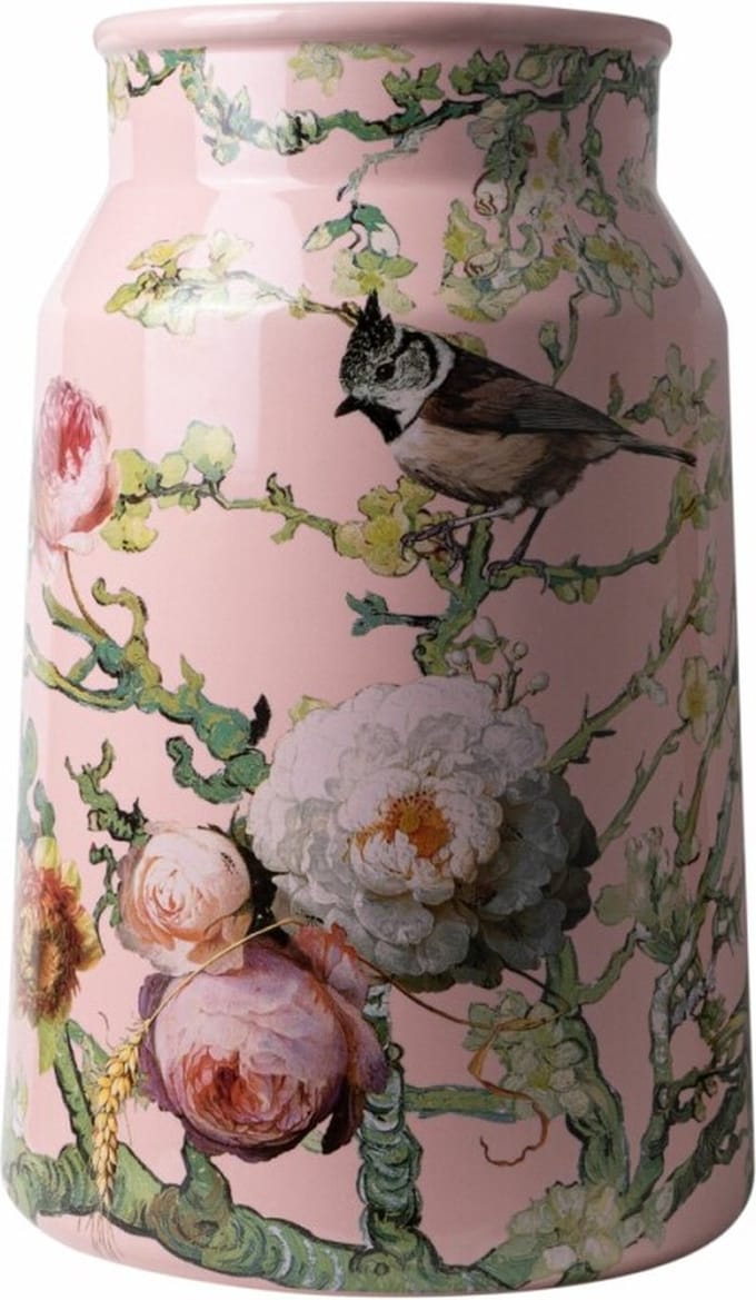 Heinen Delfts Blauw - Melkbusvaas Bosvogels - Roze - Keramiek - 30 cm