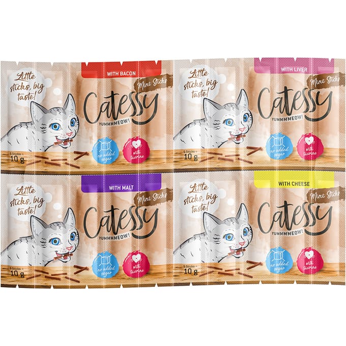 Catessy Mini-Sticks Mix 2 Kattensnacks 60 x 2 g met 4 smaken (bacon, lever, mout, kaas)