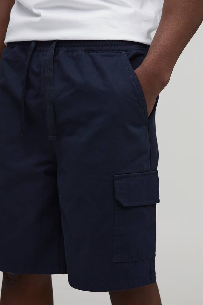 Tall Essential Relaxed Fit Elasticated Mid Length Twill Cargo Shorts | Navy | Size Small