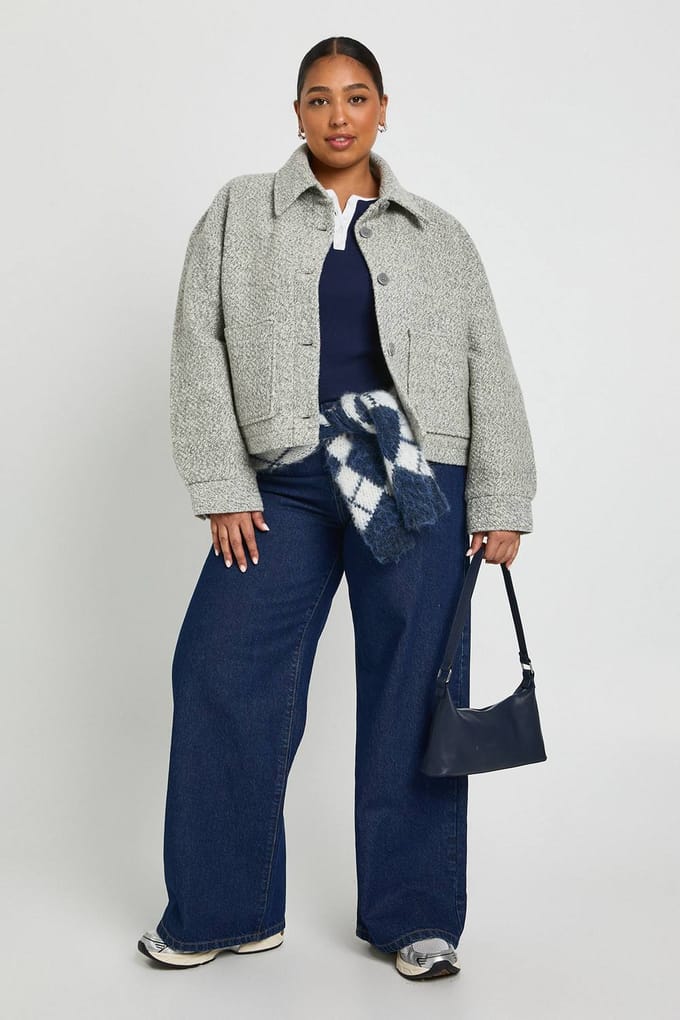 boohoo Dames Plus Kraagjas met Boucle-wol-look Jacket | Grey | Maat: 20