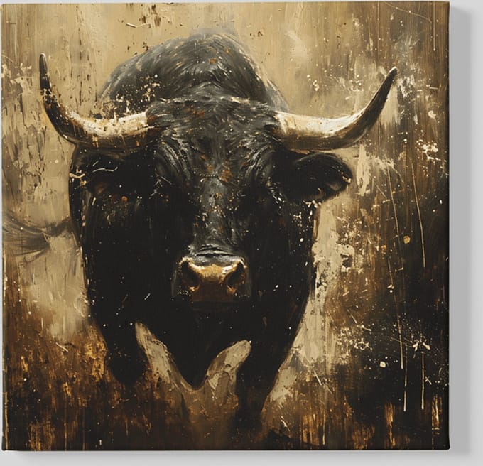 Canvas Schilderij - Dieren - Rennende Stier - 100x100x2 cm