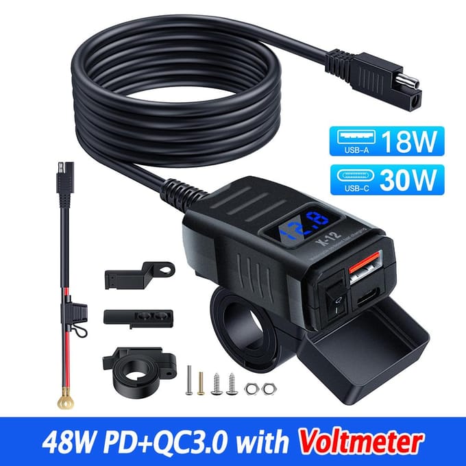 48W PD QC3.0 Motoroplader Dubbele Poorten met Voltmeter & Schakelaar 12V-24V USB Type C Waterdichte SAE Stuurstroomadapter PD+QC3.0 With Voltmeter