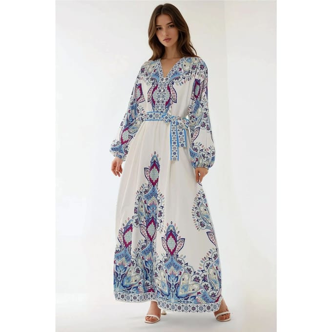 Geprinte V-hals Maxi-jurk met Ceintuur
