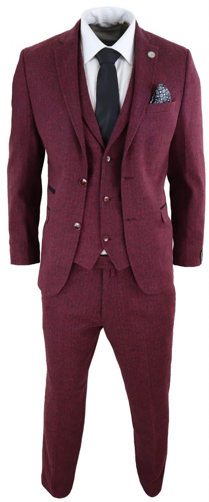 Heren 3-delig wijnvisgraatwol tweed retro pak