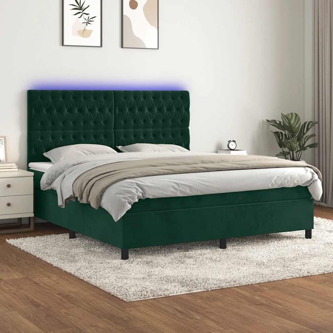 vidaXL - Boxspring - met - matras - en - LED - fluweel - donkergroen - 160x200 - cm