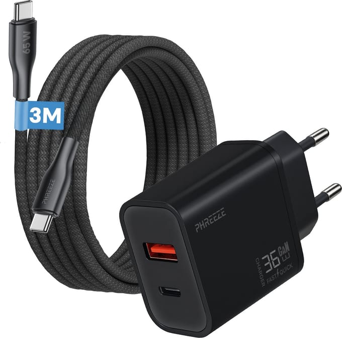 Phreeze usb C adapter 35w - Usb c kabel 3 meter - Power Delivery oplader voor telefoon en laptop