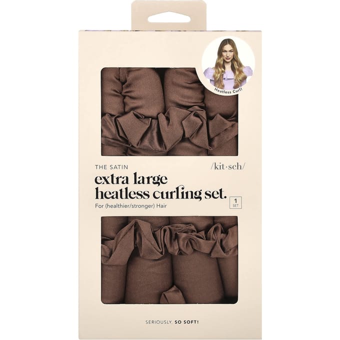 Kitsch, satijnen krulset zonder hitte, extra groot, chocoladebruin, 1 set white