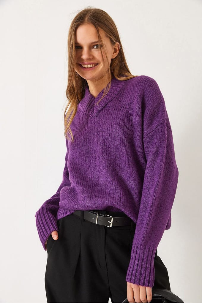 Relaxed Fit V-hals Geribde Trui