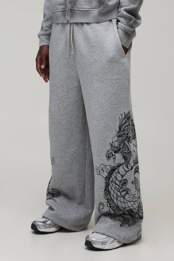Extreme Wijde Pijpen Joggingbroek Met Drakenprint | Grey Marl | Size Medium