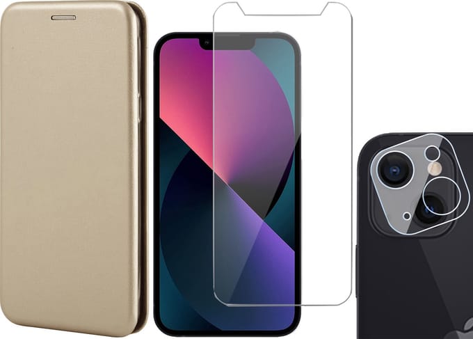 Hoesje geschikt voor iPhone 13 - Portemonnee Book Case - Goud - Met Screenprotector en Camera Screen Protector