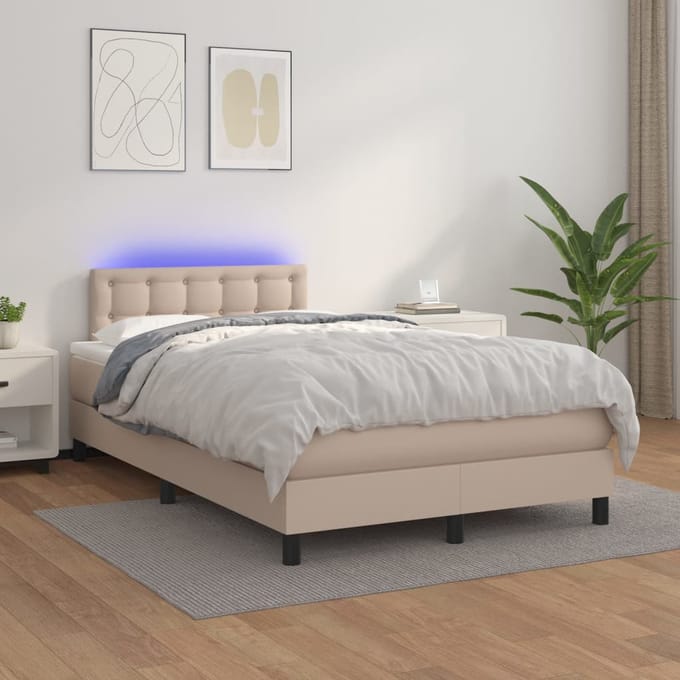 vidaXL - Boxspring - met - matras - en - LED - kunstleer - cappuccinokleur - 120x200cm