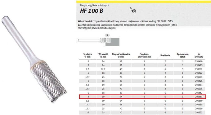 Klingspor HF 100 B - Cilindrische Frees - 8,0x19mm - Carbide