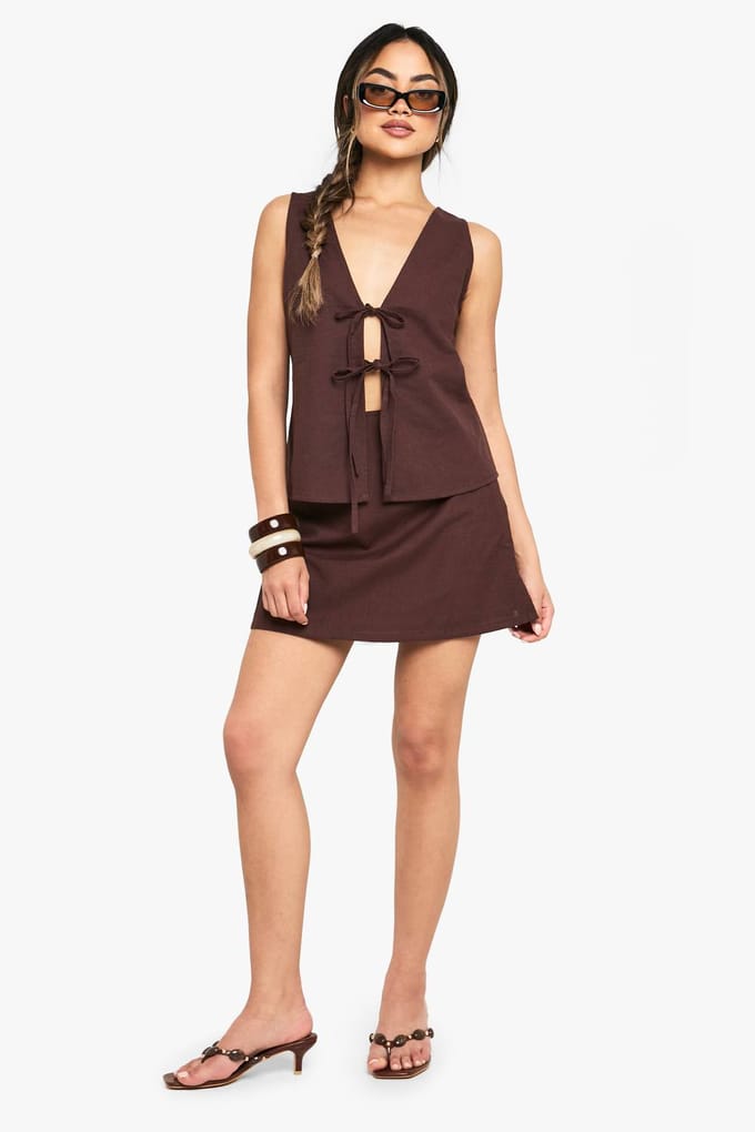 boohoo Dames Linnen A-lijn Mini Rok | Chocolate | Maat: 8