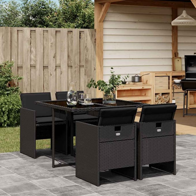 vidaXL - 5-delige - Tuinset - met - kussens - poly - rattan - zwart