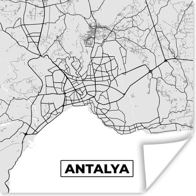 Poster Antalya - Stadskaart - Plattegrond - Zwart Wit - Kaart - 30x30 cm