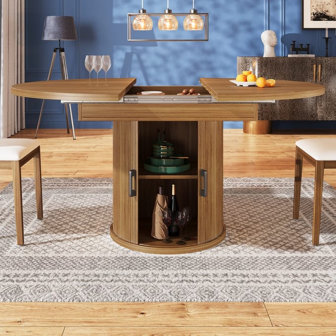 MODFU Uitschuifbare Eettafel - Met Opbergruimte - Retro - Voor Eetkamer - MDF - Walnoot - 118-158 X 118 X 76,8 Cm