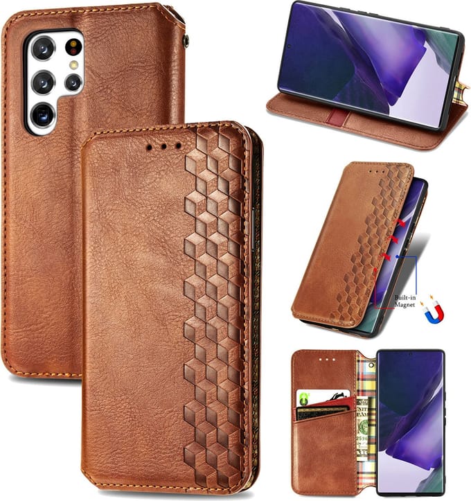 Luxe PU Lederen Ruitpatroon Wallet Case + PMMA Screenprotector voor Galaxy S22 Ultra 5G _ Bruin
