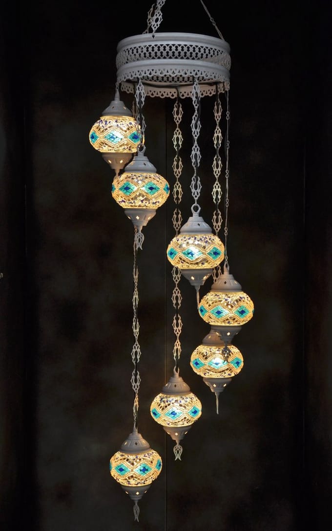 Hanglamp multicolour wit blauw glas  mozaïek Oosterse lamp kroonluchter Crèmewit 7 bollen