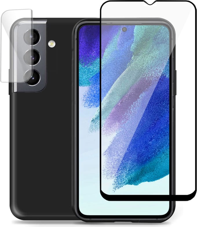 Hoesje geschikt voor Samsung S21 FE - Full Screenprotector & Camera Screen Protector Tempered Glas Cover - Liquid Back Case Zwart