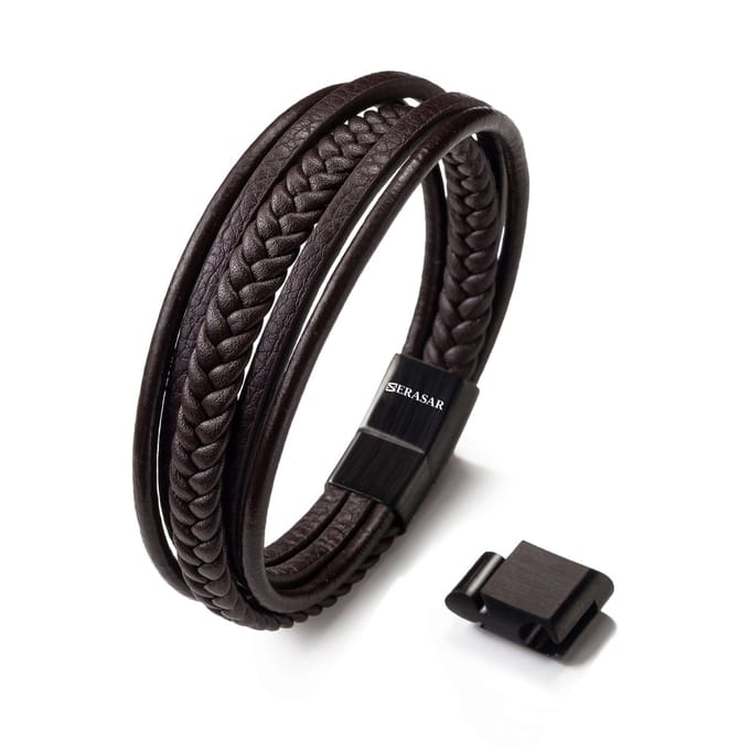 SERASAR Lederen Herenpolsbandje [Braid] - Bruin 23cm - Echte Merkarmband