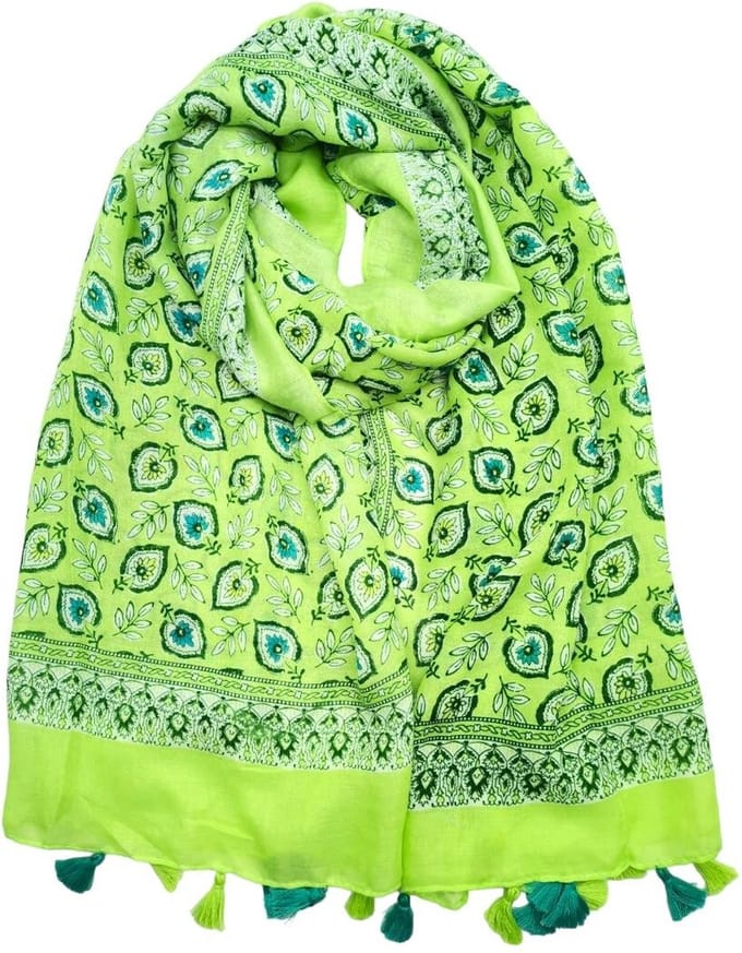 Lange dames sjaal Iris gebloemd motief licht groen lime wit donker evergreen blauw
