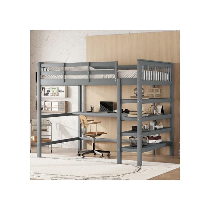 Lit surélevé pour enfants - MUVOE - 140 x 200 cm - Bureau intégré - Rangement sous le lit - Gris