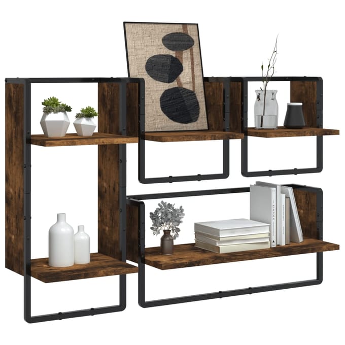 vidaXL - 4-delige - Wandschappenset - met - stangen - bewerkt - hout - gerookt - eiken