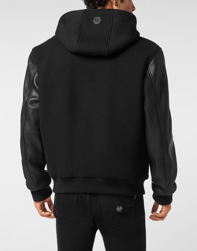 Hooded Varsity Bomber With Leather Sleeves Greatness