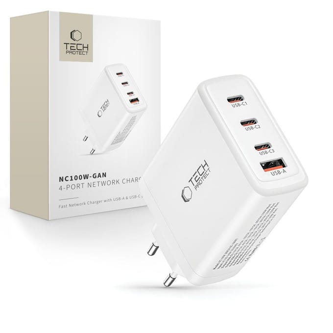Tech-Protect NC100W-GAN GaN 3x USB-C PD 100W / USB-A QC 3.0 Charger - White